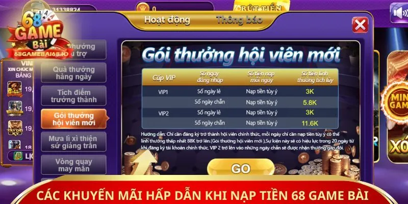 Các khuyến mãi hấp dẫn khi nạp tiền 68 game bài 