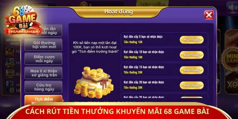 Cách rút tiền thưởng khuyến mãi 68 game bài